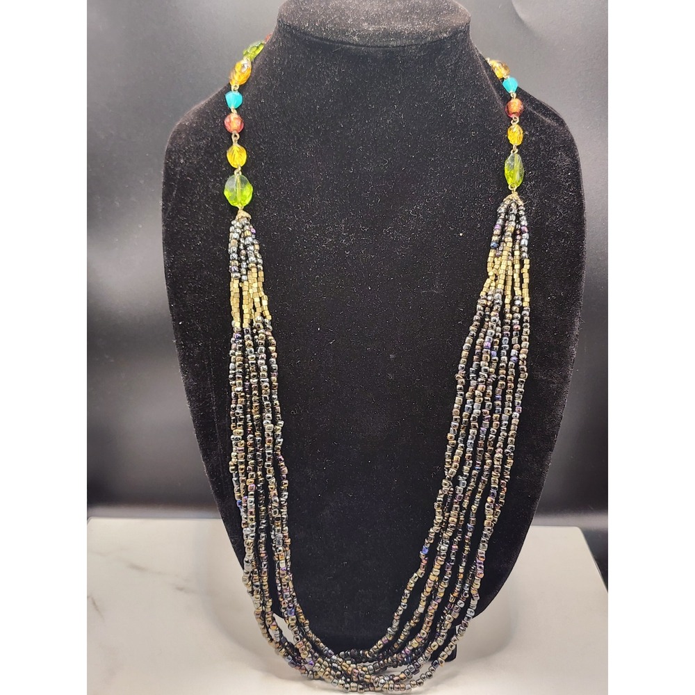 Multi-Strand Seed Bead Necklace Iridescent Black Gold Boho Statement 22in